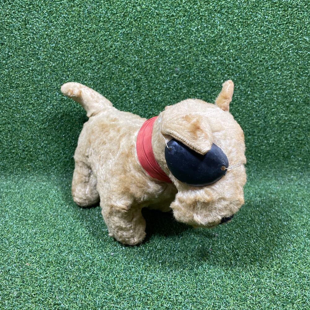 Vintage 1940s 50s Plush Dog Stuffed Toy Black Eye Patch Red Ribbon Terrier